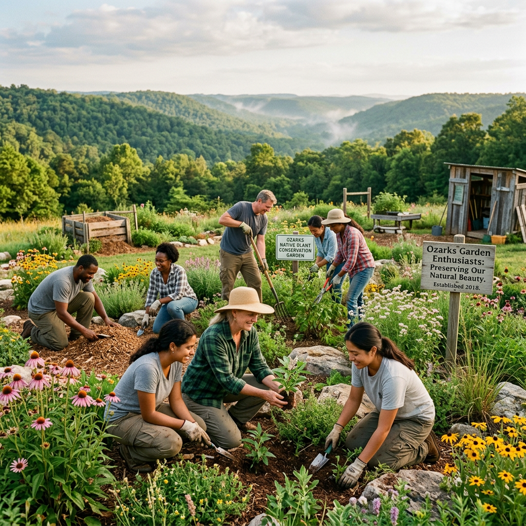 Volunteers gardening in a native plant conservation garden in the Ozarks with signs about preserving natural beauty