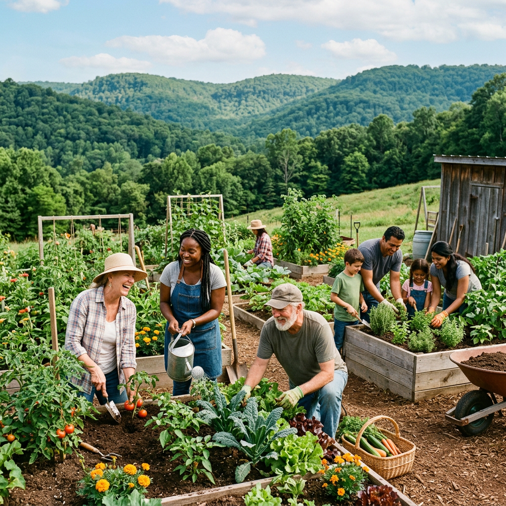 People gardening in raised beds with vegetables and flowers in a rural area
